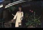  black_hair bucket copyright_request dagashi_(place) flower hot house ivy jewelry kappougi morning_glory pendant plant porch shade short_hair sliding_doors smock solo sunlight sweat wince wind_chime 