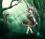  animal_ears cat_tail chen forest grey_hair jewelry madkoifish mouse_ears mouse_tail multiple_tails nature nazrin pendant red_eyes short_hair solo_focus tail touhou 