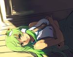  green_hair hair_ornament kochiya_sanae long_hair lying on_back solo touhou yuu_(kfc) 