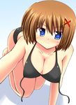  bikini blue_eyes breasts brown_hair cleavage hair_ornament large_breasts lask lyrical_nanoha mahou_shoujo_lyrical_nanoha_strikers short_hair solo swimsuit x_hair_ornament yagami_hayate 