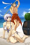  1girl ahoge beach bikini blue_eyes breasts cleavage day food front-tie_top fruit highres large_breasts monster_hunter open_mouth outdoors sato_ashu short_hair side-tie_bikini silver_hair smile swimsuit watermelon 