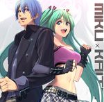  1girl aqua_hair bad_id bad_pixiv_id bandeau belt fingerless_gloves gloves hatsune_miku kaito long_hair midriff navel strapless tubetop twintails vocaloid yahako 