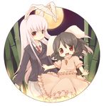  :3 animal_ears bamboo bamboo_forest black_hair blazer bunny_ears forest inaba_tewi jacket kishibe long_hair moon multiple_girls nature necktie open_mouth pleated_skirt purple_hair red_eyes reisen_udongein_inaba short_hair skirt touhou 