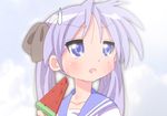  blue_eyes food hiiragi_kagami long_hair lucky_star popsicle purple_hair ryouou_school_uniform school_uniform serafuku solo sweatdrop twintails watermelon_bar yamasaki_wataru 