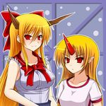  blonde_hair bow breasts hair_bow hizuki_rei horn horns hoshiguma_yuugi ibuki_suika long_hair medium_breasts multiple_girls older pointy_ears red_eyes touhou younger 