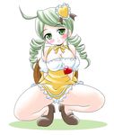  ahoge alternate_costume blush breasts choker cleavage drill_hair full_body green_eyes green_hair heart imai_kazunari kanaria large_breasts looking_at_viewer rozen_maiden solo squatting twin_drills twintails waitress 