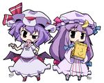  2girls book chibi dress fang hat herada_mitsuru lavender_hair long_hair lowres multiple_girls oekaki patchouli_knowledge purple_eyes purple_hair red_eyes remilia_scarlet ribbon short_hair touhou very_long_hair wrist_cuffs 