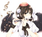  anoshabu bad_id bad_pixiv_id black_hair black_wings expressionless flute hat instrument looking_at_viewer musical_note piccolo_(instrument) shameimaru_aya short_hair solo tokin_hat touhou wings 