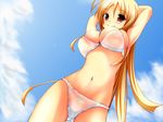  armpits arms_up bikini blonde_hair blush breasts cleavage cloud covered_nipples day from_below highres large_breasts long_hair navel original paradise_king red_eyes skindentation sky smile solo swimsuit very_long_hair wet 