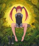  armor barefoot blue_eyes blush boots fantasy feet kurokurokuro long_hair nature original plantar_flexion red_hair sitting smile solo spread_toes twintails 