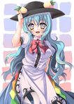  bad_id bad_pixiv_id blue_hair food fruit hat hinanawi_tenshi long_hair multicolored multicolored_eyes peach solo sui_(gyujji) touhou 