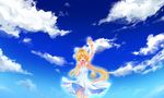  air bad_id bad_pixiv_id blonde_hair closed_eyes cloud day dress haou kamio_misuzu long_hair ponytail solo sundress very_long_hair waving 