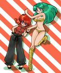  animal_print bikini blue_eyes braid chinese_clothes creator_connection crossover fang genderswap genderswap_(mtf) green_hair horns lum momo&amp;a multiple_girls no_socks pointy_ears purple_eyes ranma-chan ranma_1/2 red_hair saotome_ranma swimsuit tangzhuang tiger_print urusei_yatsura 