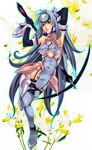  android armpits arms_up blue_hair breasts elbow_gloves flower garter_straps gloves high_heels kos-mos kos-mos_ver._4 long_hair matano_maya medium_breasts non-web_source red_eyes scythe shoes solo thighhighs underboob weapon xenosaga xenosaga_episode_iii 