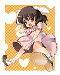  animal_ears bad_id bad_pixiv_id brown_hair bunny_ears bunny_tail dress happy inaba_tewi jewelry necklace red_eyes shie_(m417) short_hair solo tail touhou 