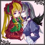  black_wings blonde_hair bonnet hairband long_hair lowres multiple_girls rozen_maiden shinku silver_hair suigintou wings 