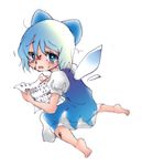  abuse barefoot blood blue_eyes blue_hair bow bruise cirno crying crying_with_eyes_open failure full_body hair_bow injury koro_(artist) looking_back no_shoes paper sad short_hair simple_background solo tears test touhou translated violence white_background wings 