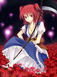  breasts cleavage large_breasts onozuka_komachi red_eyes red_hair scythe short_hair sitting solo tachikoma_(shin-a) thighhighs touhou two_side_up 
