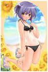  bangs bikini black_bikini blush bracelet breasts brown_eyes cloud day flower food grey_hair hip_bones jewelry kneeling looking_at_viewer nagato_yuki navel one-piece_tan popsicle sandals short_hair side_ponytail sky small_breasts solo sunflower suzumiya_haruhi_no_yuuutsu swimsuit tan tanline yukinon_(tsuki_koubou) 