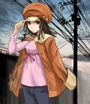  bakemonogatari cabbie_hat hat jacket jacket_on_shoulders monogatari_(series) power_lines sengoku_nadeko solo yato 