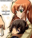  1girl black_hair code_geass couple green_eyes hanon_(nonty) hetero hug hug_from_behind lelouch_lamperouge long_hair orange_hair purple_eyes shirley_fenette 