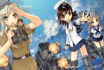  3girls aiguillette armband binoculars blonde_hair braid brown_eyes brown_hair chiang_kai-shek destroyer girl_arms mecha_musume military military_uniform military_vehicle multiple_girls navy original personification rocs_tan_yang ship skirt taiwan twin_braids uniform warship watercraft watermark web_address zeco 