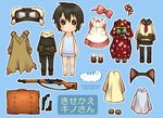  androgynous animal_ears ari-ko bad_id bad_pixiv_id barefoot black_hair bow cat_ears chibi coat dress fur_hat gakuen_kino goggles gun hair_bow handgun hat japanese_clothes kino kino_no_tabi kisekae lingerie paper_doll reverse_trap rifle school_uniform serafuku shirt short_hair solo suitcase thighhighs underwear weapon 