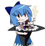  1girl :t blue_hair bow candy chibi cirno cookie eating food hair_bow hat hat_basket short_hair simple_background solo sugina_fujitaka touhou wavy_mouth witch_hat 