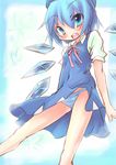  bad_id bad_pixiv_id blue_eyes blue_hair bow cirno dress happy hizuki_reiya panties ribbon short_hair solo touhou underwear wings 