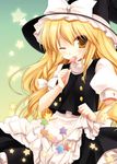  blonde_hair blush braid candy cover food hat kirisame_marisa licking lollipop long_hair miyasu_risa one_eye_closed ribbon shaped_lollipop skirt_basket solo star touhou witch_hat yellow_eyes 