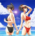  akosan beach bikini bikini_bottom black_bikini black_hair blue_eyes day green_eyes highres hikari_(pokemon) holding_hands mai_(pokemon) multiple_girls ocean outdoors pokemon pokemon_(game) pokemon_dppt red_bikini scoop_bikini_bottom swimsuit wading water 