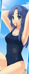  adjusting_hair armpits asakura_ryouko blue_eyes blue_hair competition_swimsuit highres kawachi_(ky3550) long_hair mouth_hold one-piece_swimsuit solo suzumiya_haruhi_no_yuuutsu swimsuit 