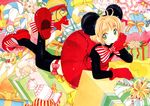  90s absurdres animal_ears candy candy_cane cardcaptor_sakura clamp flower food gift green_eyes highres kinomoto_sakura official_art short_hair solo thighhighs 