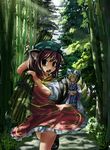  bad_id bad_pixiv_id bamboo bamboo_forest blonde_hair brown_eyes brown_hair chen closed_eyes fang forest hat hidebo holding long_sleeves multiple_girls nature open_mouth outdoors pillow_hat puffy_short_sleeves puffy_sleeves short_hair short_sleeves sunlight tassel thighs touhou wide_sleeves yakumo_ran 