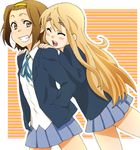  bad_id bad_pixiv_id blonde_hair brown_hair closed_eyes grin hairband hands_on_shoulders happy k-on! kotobuki_tsumugi long_hair multiple_girls open_mouth round_teeth school_uniform short_hair smile striped striped_background tainaka_ritsu teeth umesge 