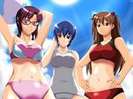  arms_up ayanami_rei bad_id bad_pixiv_id bandeau bikini blue_hair brown_hair day glasses grin highres ichirou makinami_mari_illustrious multiple_girls neon_genesis_evangelion rebuild_of_evangelion shikinami_asuka_langley smile souryuu_asuka_langley swimsuit 