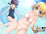  animal_ears bikini blonde_hair blue_eyes braid brown_hair cat_ears chibimame day dutch_angle green_eyes highres innertube millie_(paper_man) multicolored multicolored_eyes multiple_girls one-piece_swimsuit paper_man school_swimsuit short_hair swimsuit twin_braids 