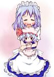  :&lt; :3 =_= blood blush boxinhev braid chibi closed_eyes doll dress frills hat highres izayoi_sakuya lavender_hair maid multiple_girls nosebleed remilia_scarlet short_hair touhou twin_braids 