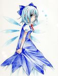  bad_id bad_pixiv_id blue_eyes blue_hair bow cirno dress hair_bow ribbon sgawarananto short_hair solo touhou wings 