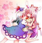  animal_ears barefoot blush bunny_ears carrot fujiwara_no_mokou hat hug kamishirasawa_keine koro_(artist) mouth_hold multiple_girls surprised touhou 