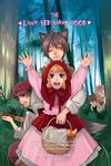  1girl 4boys agasang animal_ears basket big_bad_wolf_(grimm) blonde_hair child cigarette dress forest grimm's_fairy_tales gun hands happy hat hood hunter_(little_red_riding_hood) little_red_riding_hood little_red_riding_hood_(grimm) multiple_boys nature one_eye_closed petticoat ribbon rifle tail typo weapon wolf_ears wolf_tail 