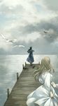  1girl austria_(hetalia) axis_powers_hetalia bad_id bad_pixiv_id bird couple hetero hungary_(hetalia) instrument long_hair niko_(silent.whitesnow) ocean pier seagull sky violin 