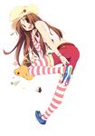  bag brown_hair full_body hat highres hoppege legs long_hair original putting_on_shoes shoes shorts sneakers solo striped striped_legwear thighhighs 