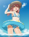  :d bikini breasts brown_hair day from_below hand_on_headwear hat innertube mattaku_mousuke open_mouth original sky small_breasts smile solo standing straw_hat swimsuit wading water yellow_eyes 