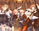  blonde_hair blue_eyes brown_eyes cello closed_eyes double_bass dress green_eyes hair_ribbon hat instrument mini_hat mini_top_hat multiple_girls original red_hair ribbon sabamu short_hair top_hat violin wings 