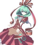  bad_id bad_pixiv_id beckoning dress frills front_ponytail green_eyes green_hair hair_ribbon ippaiccha kagiyama_hina red_dress ribbon short_hair solo touhou wrist_ribbon 