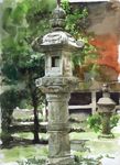  misawa_hiroshi no_humans original scenery stone_lantern traditional_media watercolor_(medium) 