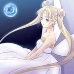  bare_shoulders bishoujo_senshi_sailor_moon blonde_hair blue_eyes double_bun dress earrings earth gown half-closed_eyes jewelry long_hair neo_queen_serenity princess solo space strapless strapless_dress tsukino_usagi twintails upper_body yukian 