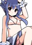  alternate_hairstyle arm_up bikini_top blue_hair brown_eyes fa_no_hito flat_chest folded_ponytail food fruit hair_up hinanawi_tenshi looking_at_viewer peach ribbon smile solo swimsuit touhou 