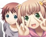  amputee brown_hair double_v green_eyes hair_bobbles hair_ornament ibarazaki_emi kamifish katawa_shoujo multiple_girls shocker_(gesture) tezuka_rin v 